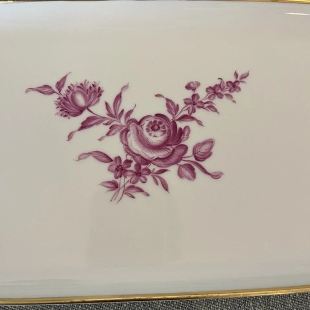 Augarten Wien Biedermeier Purple Floral Porcelain Serving Tray‎ Gold Trim 14.5